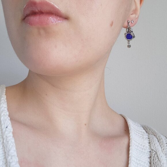 Whimsical Victorian Fairy silver earrings with bright royal blue caged pearls - Picture 3 of 8